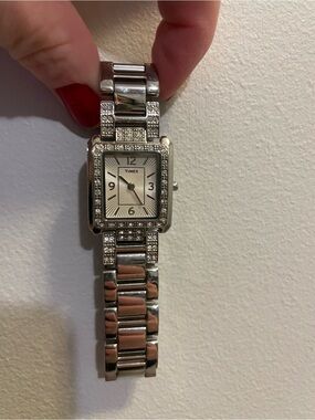 Timex Silver Tone Crystal-Trim Square Face Women's Watch
